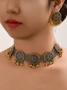 3pcs Retro Boho Colorful Round Flowers Alloy Pendant Earrings, Multi Layer Chain Decor Necklace Jewelry Set Suitable For Women's Daily Wear, Party, Wedding, Festival Accessories - View 1