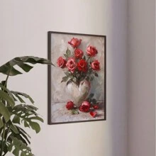 Pintura al óleo de rosas en un jarrón, un regalo de San Valentín para la novia y esposa, adecuado para dormitorio, sala de estar, estudio, bar de hotel, pasillo, mural impermeable