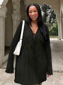 Plus Size V-Neck Belted Flare Sleeve Mini Dress - Solid Color, Elegant - Black - View 7