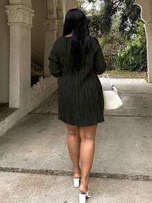 Plus Size V-Neck Belted Flare Sleeve Mini Dress - Solid Color, Elegant - Black - View 5