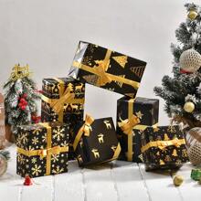 6 Stücke/12 Stücke Weihnachts Geschenkpapier aus Folie, Retro-Schwarz & Gold Hirsch, Schneeflocke, Weihnachtsbaum Muster, Geschenkverpackungspapier, Weihnachten