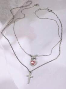 2pcs Fashionable Luxury Rhinestone Cross, Bow-Knot, Heart Pendant Necklaces, Simple Multi-Layer Versatile Jewelry For Women Valentines,Mom,Mother,Mother's Day,Gift - Pink - View 5