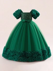 Tween Girls 3D Floral Sequin Mesh Birthday Party Dress, Suitable For Prom, Celebration, Family Gathering, Excluding Headband - Màu xanh lá cây đậm - Xem 2