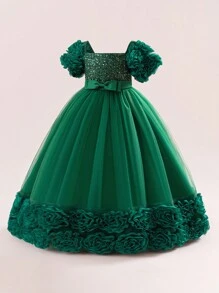 Tween Girls 3D Floral Sequin Mesh Birthday Party Dress, Suitable For Prom, Celebration, Family Gathering, Excluding Headband - Màu xanh lá cây đậm - Xem 4