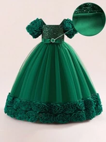 Tween Girls 3D Floral Sequin Mesh Birthday Party Dress, Suitable For Prom, Celebration, Family Gathering, Excluding Headband - Màu xanh lá cây đậm - Xem 5