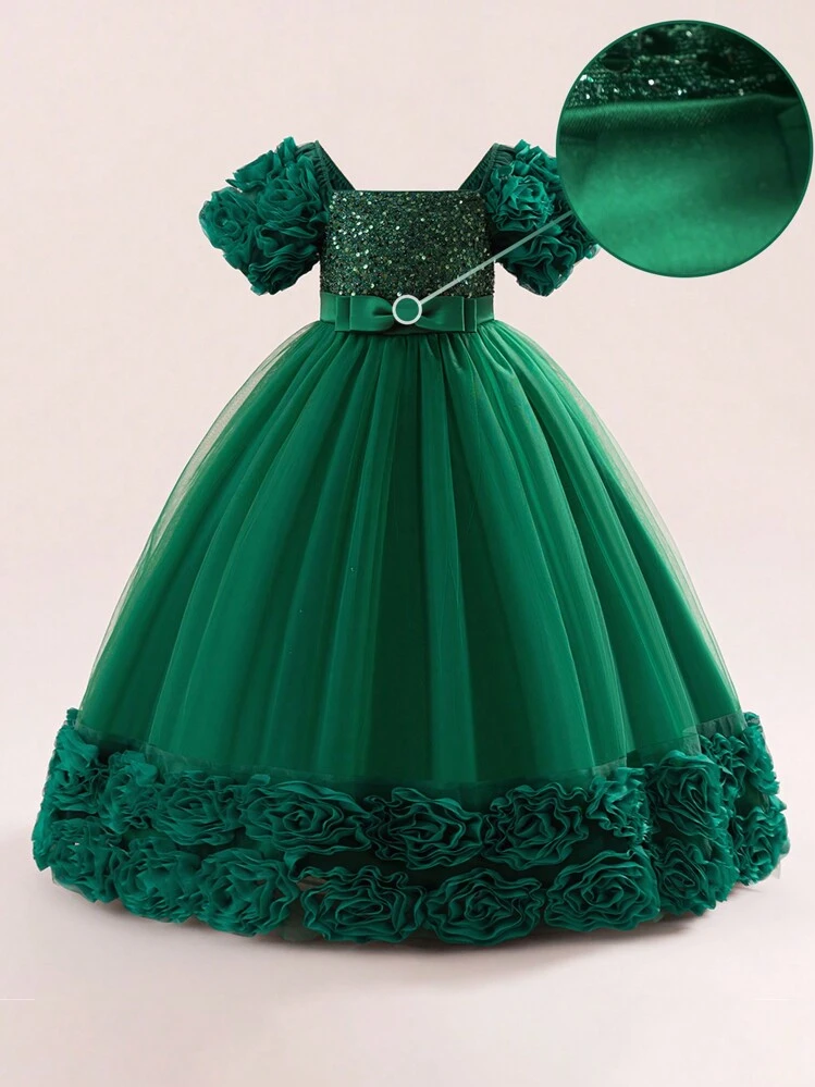 Vestido de fiesta con malla de lentejuelas y flores 3D para niñas preadolescentes, adecuado para bailes, celebraciones y reuniones familiares, sin diadema - Verde Oscuro - Añade 5