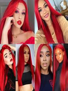 13x4 Lace Front Wig, Red, 180 Density, High Definition Lace Front Wig, Women Long Straight Synthetic Lace Front Wig, Heat Resistant Fiber Hair, 28 Inches, Suitable For Halloween - Red - View 8