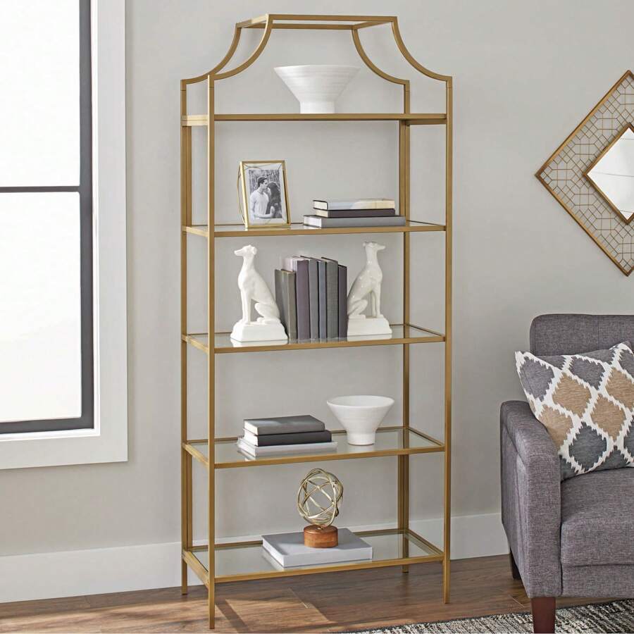 Better Homes & Gardens 71" Nola 5 Shelf Etagere Bookcase, Gold Finish - Gold - View 1