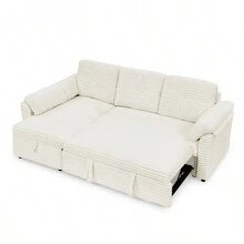 Corduroy Tufted Upholstered Sleeper Sectional Sofa L-Shaped Modular Convertible Sofa With Storage Chaise Pull Out Sleep Couch Bed And Reclining Backrest Perfect For Living Space Beige
