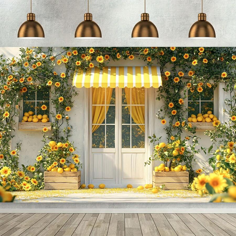 夏季柠檬店背景，适合生日派对 -1 通用节日涤纶旗帜，柠檬树设计，适合家居装饰，多功能室内/室外拍照道具，无需电力 - 彩色 - 查看 1