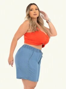 Plus Size Denim Shorts With Elastic Waistband, Current Fashion - 淺色水洗藍 - 查看 3