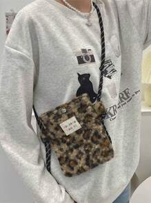 1pc Women Plush Leopard Print Handbag, Clutch Bag Warm & Cute For Student, Messenger Bag, Shoulder Bag, Large Capacity, Multi-Functional For Work, Travel, School, Phone & Makeup, Vintage, Anti-Theft, Autumn/Winter