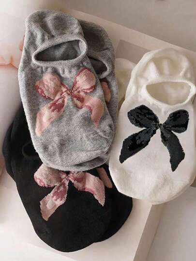 3 Pairs Ladies Bow Detail Simple Casual Boat Socks, No Show Socks, For Everyday Wear