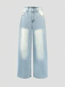 Women's Vacation Style Y2K Washed Distressed Wide Leg Jeans - Light Wash - View 7