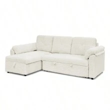 Corduroy Tufted Upholstered Sleeper Sectional Sofa L-Shaped Modular Convertible Sofa With Storage Chaise Pull Out Sleep Couch Bed And Reclining Backrest Perfect For Living Space Beige