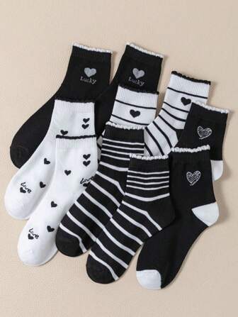 5/10 双幸运字母条纹心形印花图案短袜，韩版学院风条纹蕾丝中筒袜，舒适柔软透气，适合日常、运动、户外、派对、休闲装，春夏秋季