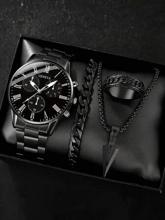 Set de 4 piezas: Reloj de cuarzo clásico negro para hombre, colgante de flecha, brazalete y anillo