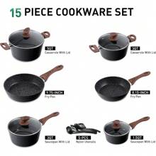 MAISON ARTS Pots And Pans Set Non Stick, 15 Pcs Non Toxic Hammered Cookware Set, Black Granite Induction Kitchen Cooking Sets - 預設 - 查看 2