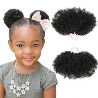 2 Packs Kid Ponytail Double Afro Puffs Kinky Curly Hair Bun For Little Girls Black Synthetic Hair Ties Hair Accessories For Kids
