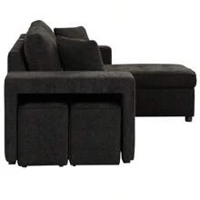 104.5" Modern L-Shape 3 Seat Reversible Sectional Couch Pull Out Sleeper Sofa With Storage Chaise And 2 Stools For Living Room Furniture Set Charcoal Grey