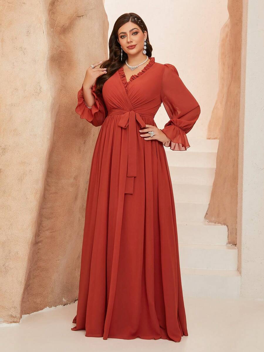 Plus Size V-Neck Asymmetrical Cross Ruched Flounce Drawstring Chiffon Dress Long Sleeve, Bridesmaid Dress - Burnt Orange - View 1