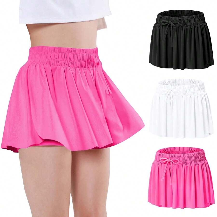 EXARUS Girls Butterfly Shorts Flowy Dance Athletic 2 In 1 Cheer Skorts Flutter Skirt Running Preppy Clothes Kids 6-14Y - set12 - 查看 1
