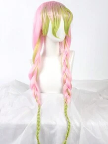Cosplay Wig - Pink To Green Gradient, Fluffy Three-Strand Braid, Heat Resistant Synthetic Wig, Suitable For Anime Cosplay, And Party Christmas Gifts