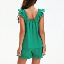 Women Summer 2 Pieces Pajama Outfit Set Y2K Ruffle Sleeveless Crop Tank Tops And Ruffled Mini Shorts Sets Cute Pjs Sleepwear Loungewear - 綠色 - 查看 2
