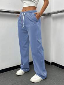 Women's Casual Low-Waisted Wide-Leg Pants - Baby Blue - View 1