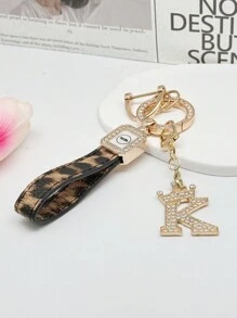 1个锌合金钥匙扣，印花PU皮革设计，带闪亮皇冠字母吊坠，防锈涂层，适合悬挂车钥匙、钥匙等。用途广泛，必备单品！ - 彩色 - 查看 7