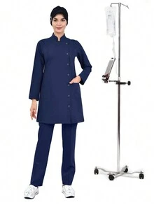 cimmuovere 纯色舒适立领前开口袋长袖护士/牙医/医生诊所手术制服套装