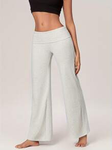 Women's Baggy Pants Foldover Waist Solid Color Loose Wide Leg Pants - Xám - Xem 3