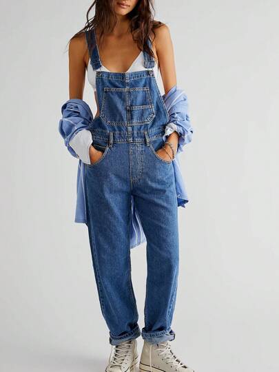 Women Summer Long Denim Jumpsuit Casual Spaghetti Strap Wide Leg Romper Pants Baggy Bib Overalls For Autumn Streetwear