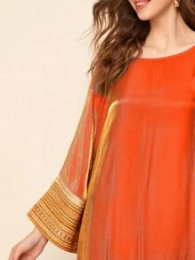 Women's Round Neck Long Sleeve Printed Simple Casual Long Dress, Modest Kaftan