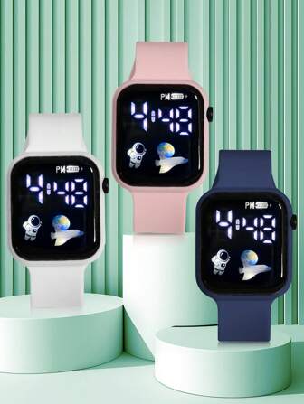 3 件装青少年学生卡通飞机设计运动休闲电子手表，适合日常生活和各种搭配