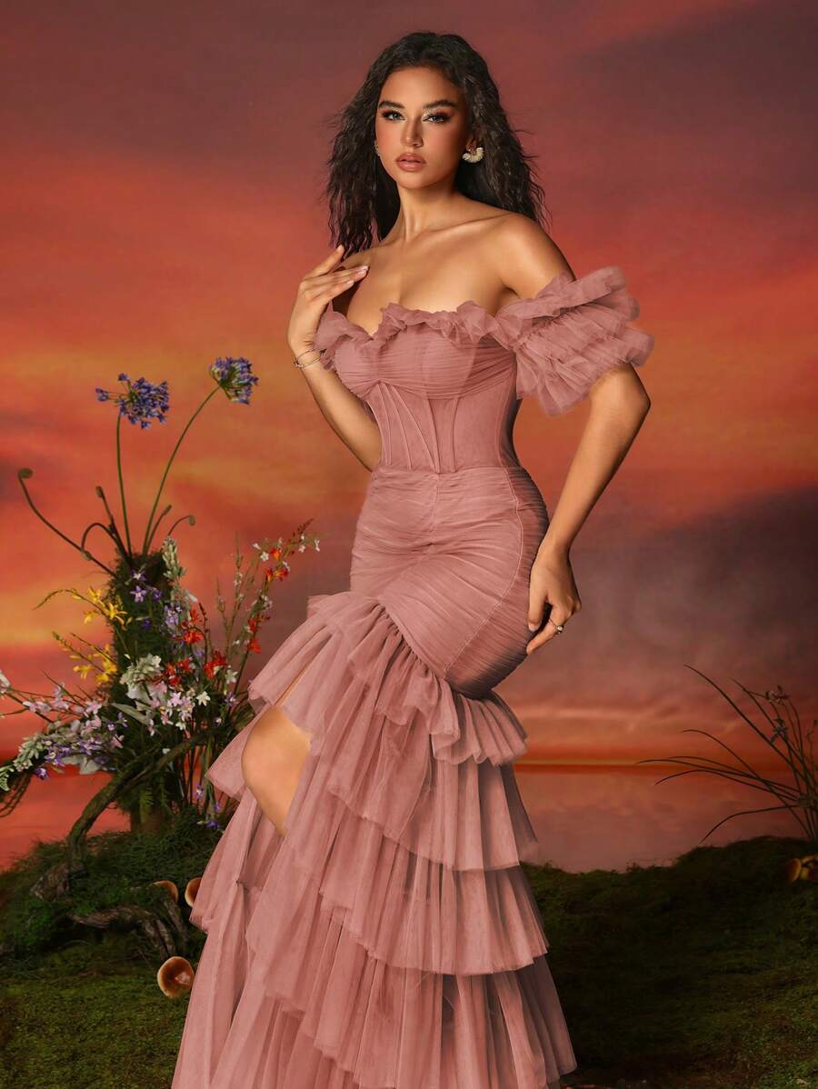 VIPGIRL Vintage Pink Off-Shoulder Ruched High-Low Gown With Layered Tulle Skirt And Cinched Waist Design, Elegant Party Dress For Women, Wedding Guest Dress, Formal Dress, Evening Dress - Bụi hồng - Xem 1