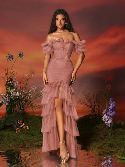 VIPGIRL 复古粉色露肩褶皱高低摆连衣裙，多层薄纱裙摆，收腰设计，优雅女士派对礼服，婚礼宾客礼服，正式礼服，晚礼服