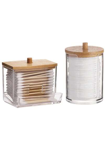 2 Confezioni Contenitore Porta Cotton Fioc Bagno, Dispenser per Dischetti Detergenti/Bastoncini di 10/7 once, Vaso di Vetro Apotecario Trasparente con Coperchio in Legno, per Viaggio Estivo, Casa Vacanze, Bagno, Organizer per Trucco Scolastico, Accessori Bagno