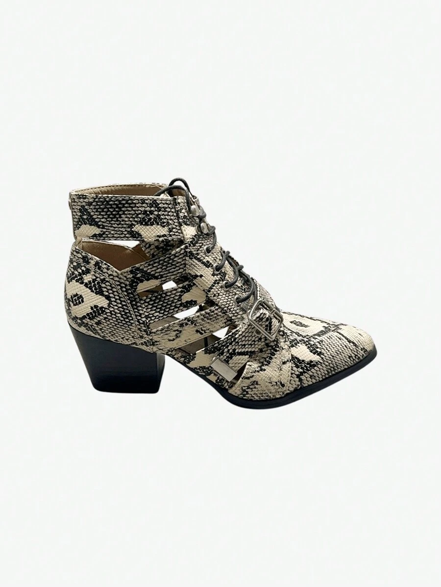 Botas de tobillo de tacón alto con diseño hueco y estampado de piel de serpiente vintage - Beis - Ver 1