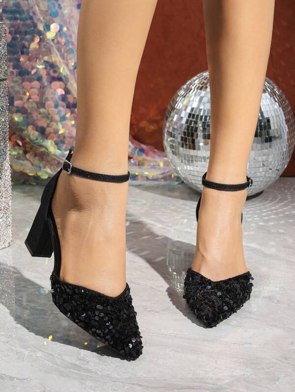 Scarpe da donna con punta affusolata e tacco largo, slip-on, con decoro glitterato a forma di V, classiche ed eleganti, tacco alto