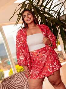 Plus Size 2-Piece Shorts And Kimono Set - Red and White - View 2