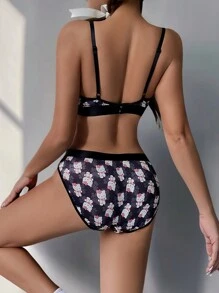 SANRIO [WONDER WORLD]2pcs Women's Triangle Bra With Printed Design + Elastic Waist Triangle Panties Set Two Pieces Set Women 2 Pieces Set - Black - View 2