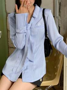 Women's Striped Long Sleeve Casual Versatile Shirt (With Necktie), Autumn