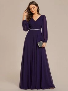 EVERPRETTY Elegant Spring Solid Color Lantern Sleeve V-Neck Rhinestone Decor Chiffon Deep Purple Bridesmaid Dresses, Long Sleeve Dress, Wedding Guest Gown Formal Dresses For Wedding - Purple - View 5