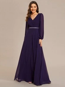 EVERPRETTY Elegant Spring Solid Color Lantern Sleeve V-Neck Rhinestone Decor Chiffon Deep Purple Bridesmaid Dresses, Long Sleeve Dress, Wedding Guest Gown Formal Dresses For Wedding - Purple - View 4