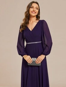 EVERPRETTY Elegant Spring Solid Color Lantern Sleeve V-Neck Rhinestone Decor Chiffon Deep Purple Bridesmaid Dresses, Long Sleeve Dress, Wedding Guest Gown Formal Dresses For Wedding - Purple - View 6
