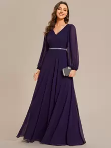 EVERPRETTY Elegant Spring Solid Color Lantern Sleeve V-Neck Rhinestone Decor Chiffon Deep Purple Bridesmaid Dresses, Long Sleeve Dress, Wedding Guest Gown Formal Dresses For Wedding - Purple - View 7