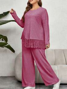 Women Plus Size 2 Piece Outfits Irregular Tassel Long Sleeves Shirt And Elastic Wide Leg Pants Set Streetwear