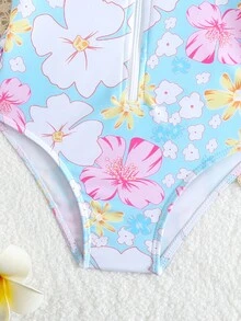 1 件女童 4-8 岁可爱蓝色花朵连体泳衣 - 藍白色 - 查看 5