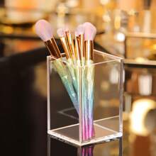 1个桌面透明笔筒，化妆刷收纳架，梳妆台化妆品、口红和笔的收纳盒，优雅风格，适合返校季办公桌配件，办公用品，笔筒，办公配件 - 彩色 - 查看 5